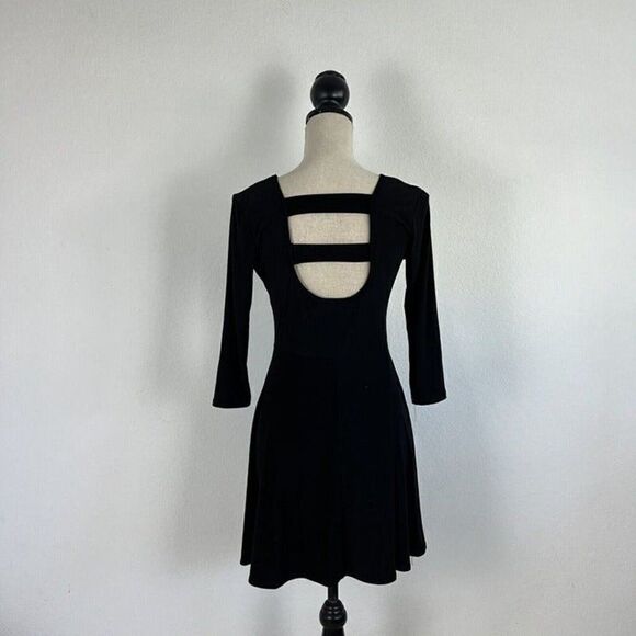 Pine Womens Fit & Flare Skater Black Stretch Midi Dress Size Large Open Back - Picture 2 of 11